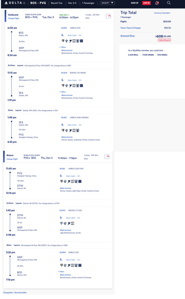 Delta Air Lines mileage run from Boston to Shanghai