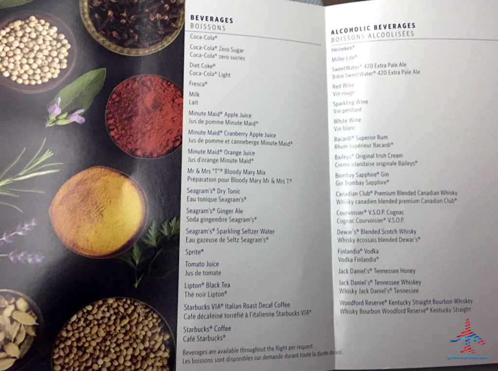 The beverage menu of Delta's Main Cabin international experience is seen on a Boeing 767-300ER from Salt Lake City to Paris Charles de Gaulle