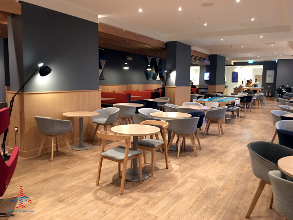 The breakfast area is seen at the Holiday Inn Express London Heathrow T4 (LHR airport hotel) in Hounslow, United Kingdom.