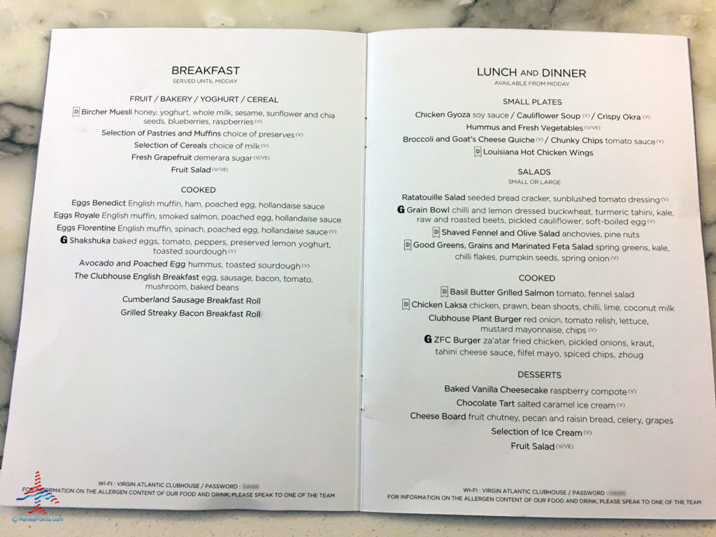 The breakfast and lunch & dinner menu are seen inside the Virgin Atlantic Clubhouse airport lounge at London Heathrow Airport (LHR).