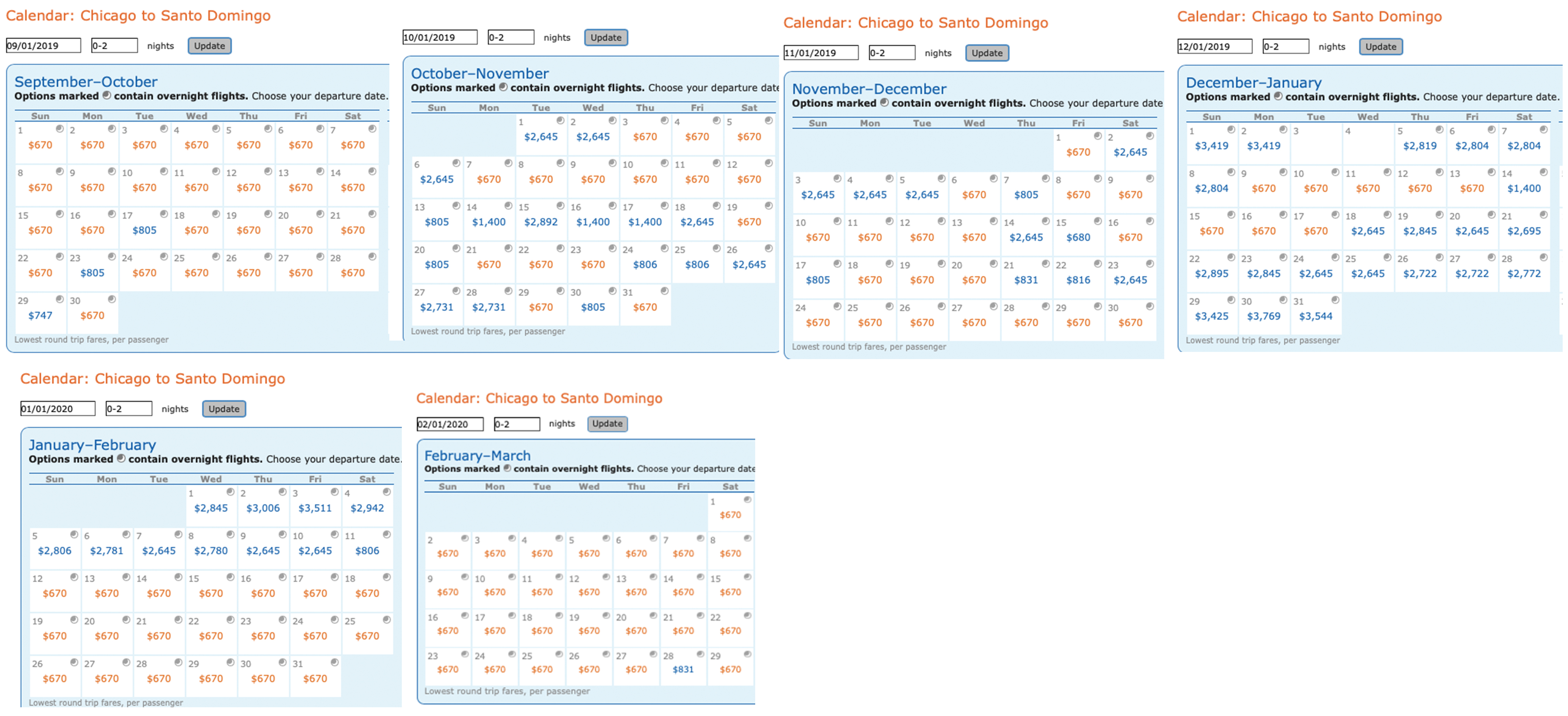 Calendar of Delta MQD run itineraries on Aeromexico from Chicago O'Hare (ORD) to Santo Domingo (SDQ) Dominican Republic.