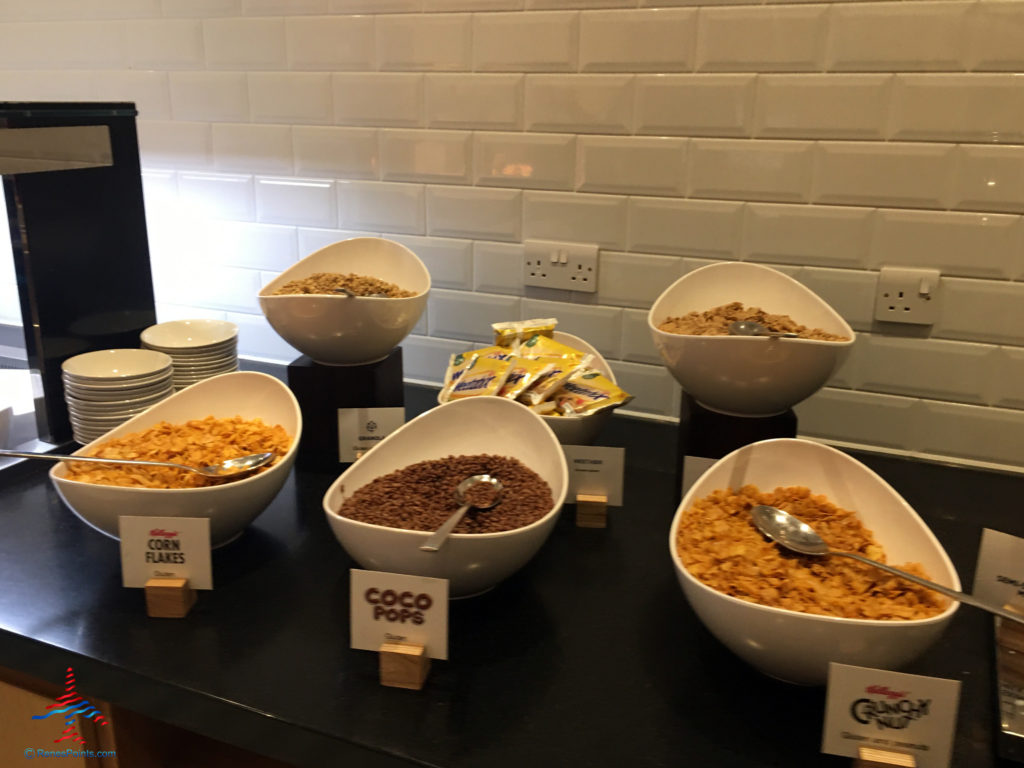 A selection of cereals is seen at the Holiday Inn Express London Heathrow T4 (LHR airport hotel) breakfast buffet in Hounslow, United Kingdom.