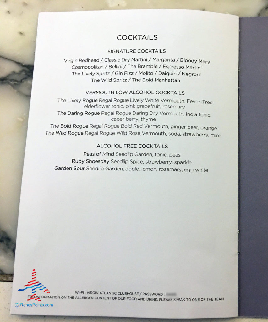 The cocktail menu is seen inside the Virgin Atlantic Clubhouse airport lounge at London Heathrow Airport (LHR).
