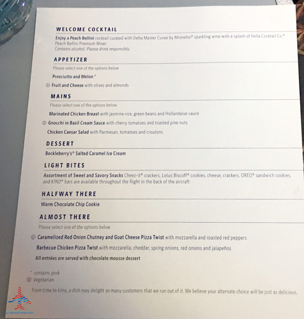 The food menu of Delta's Main Cabin international experience is seen on an Delta Air Lines Airbus A330-300 flight from London Heathrow to Atlanta Hartsfield Airport.