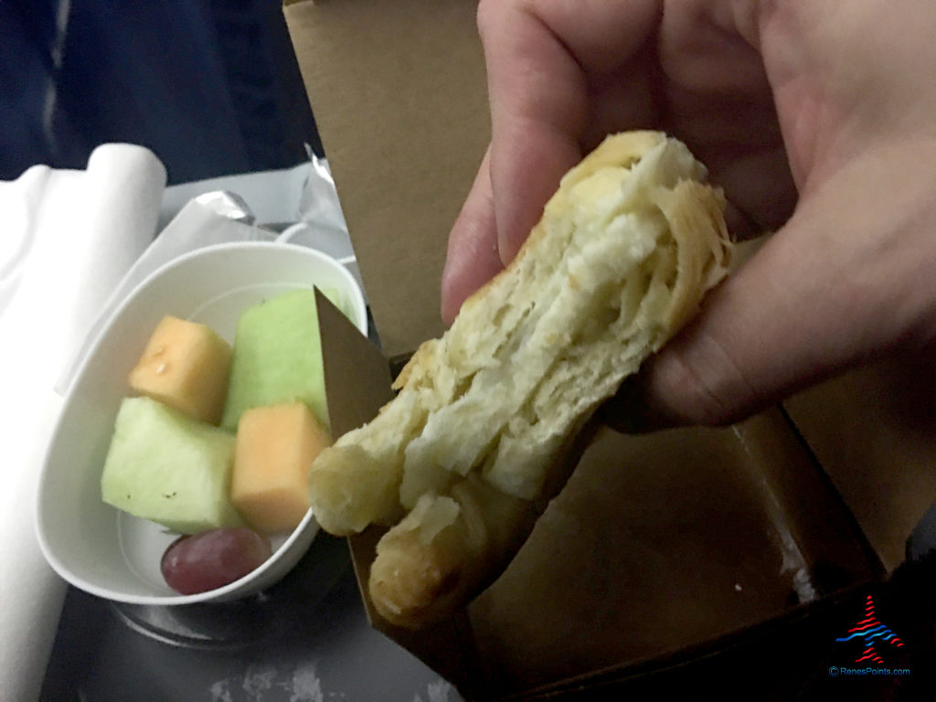 An egg and Swiss cheese croissant -- part of Delta's Main Cabin international experience -- is seen on a Boeing 767-300ER from Salt Lake City to Paris Charles de Gaulle.