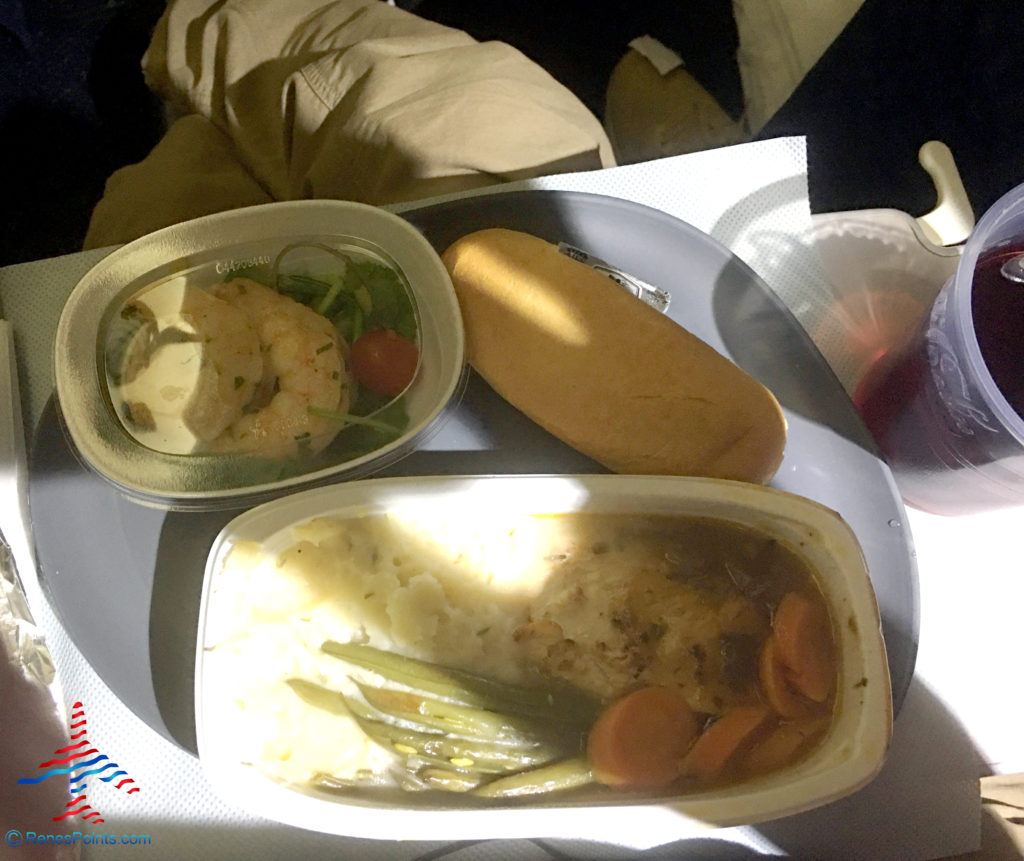Chicken marsala and Harissa shrimp dinner meal -- part of Delta's Main Cabin international experience -- is seen on a Boeing 767-300ER from Salt Lake City to Paris Charles de Gaulle