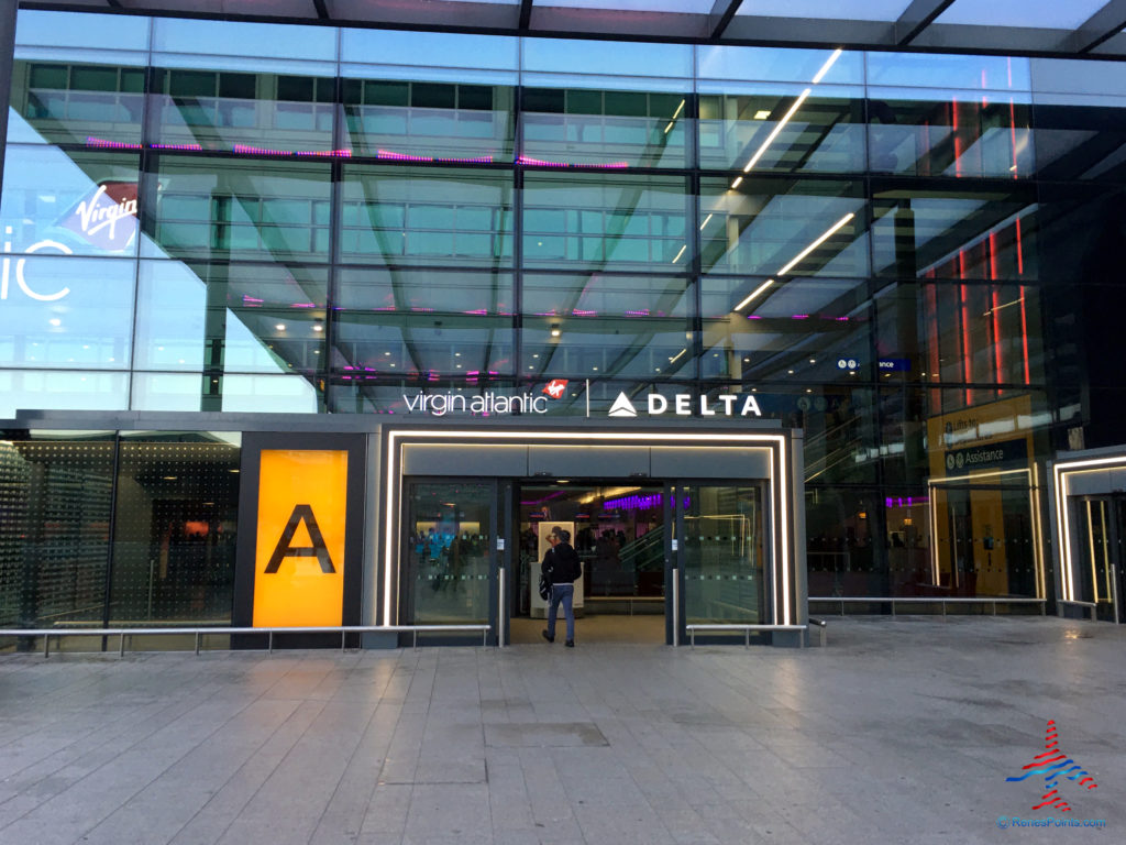 The Door A entrance to Terminal 3, where Delta Air Lines, Virgin Atlantic, and the Virgin Atlantic Clubhouse airport lounge are located, is seen at London Heathrow Airport (LHR).