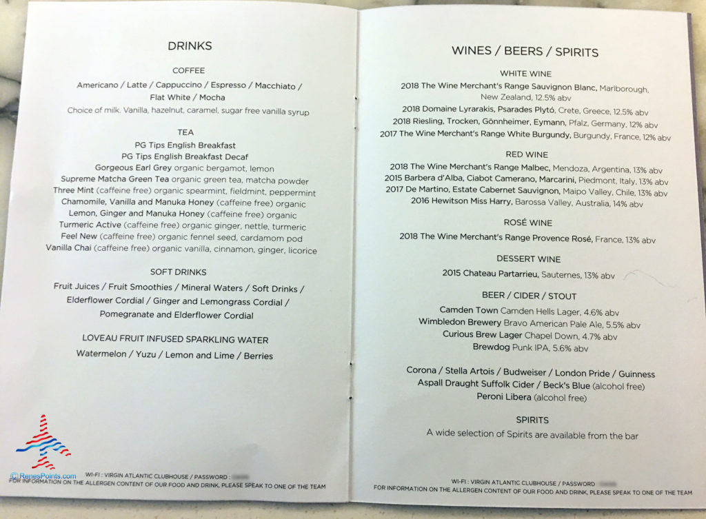 The beverage menu is seen inside the Virgin Atlantic Clubhouse airport lounge at London Heathrow Airport (LHR).