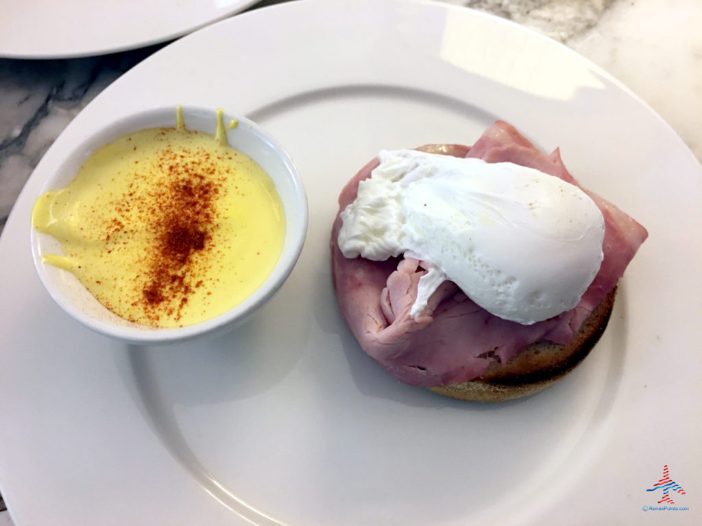 Eggs Benedict breakfast is served at the Virgin Atlantic Clubhouse airport lounge at London Heathrow Airport (LHR).