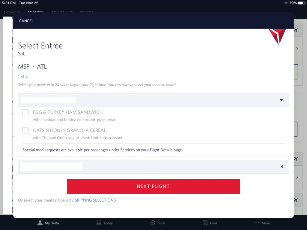 Selection unavailable for first class meal pre-order in the Fly Delta 5.1 app.