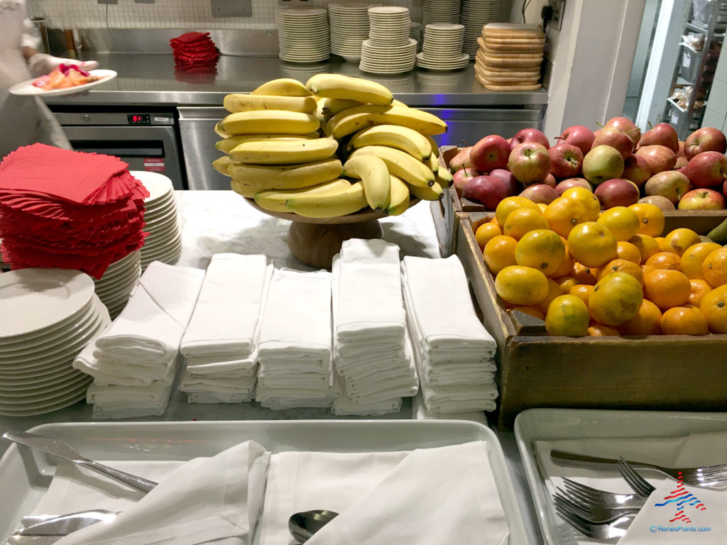 Fruit such as apples, bananas, and oranges are seen inside the Virgin Atlantic Clubhouse airport lounge at London Heathrow Airport (LHR).