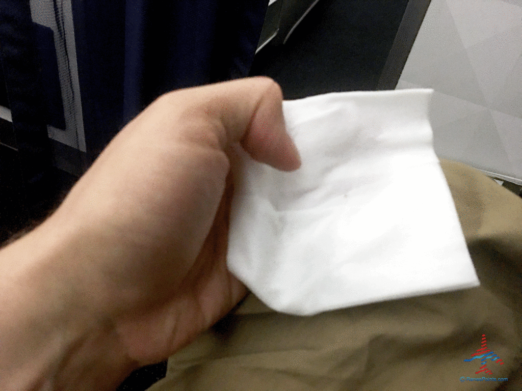 Hot towel service -- part of Delta's Main Cabin international experience --is seen on a Boeing 767-300ER from Salt Lake City to Paris Charles de Gaulle