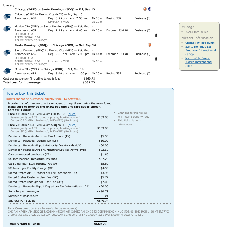 Sample Delta MQD run itinerary on Aeromexico from Chicago O'Hare to Santo Domingo (SDQ).