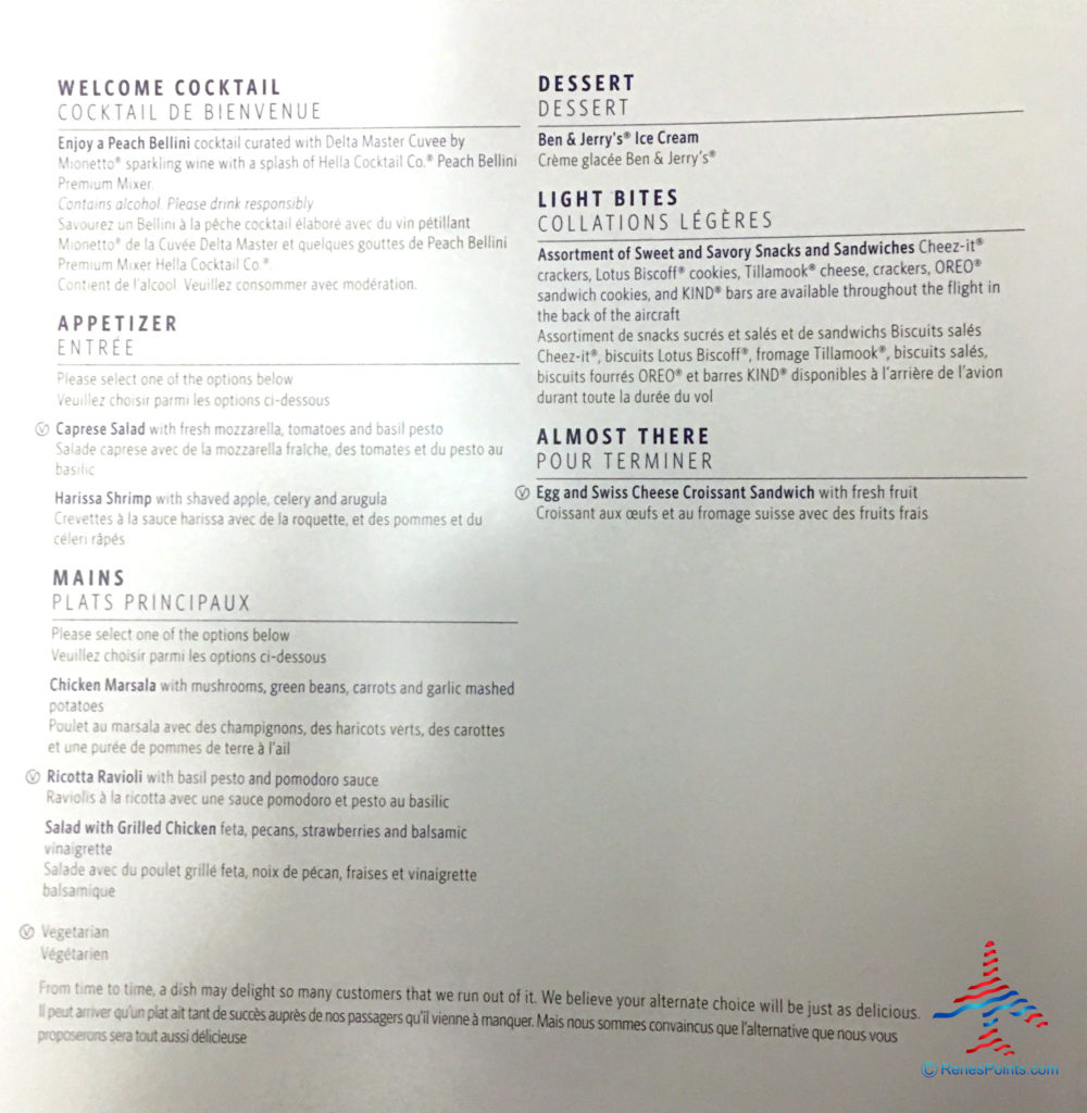 The menu of Delta's Main Cabin international experience is seen on a Boeing 767-300ER from Salt Lake City to Paris Charles de Gaulle