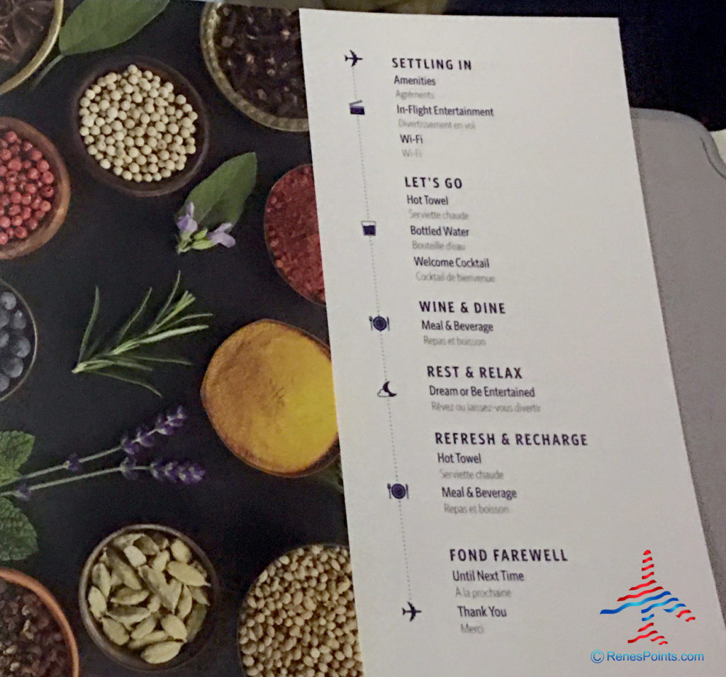 The menu of Delta's Main Cabin international experience is seen on a Boeing 767-300ER from Salt Lake City to Paris Charles de Gaulle