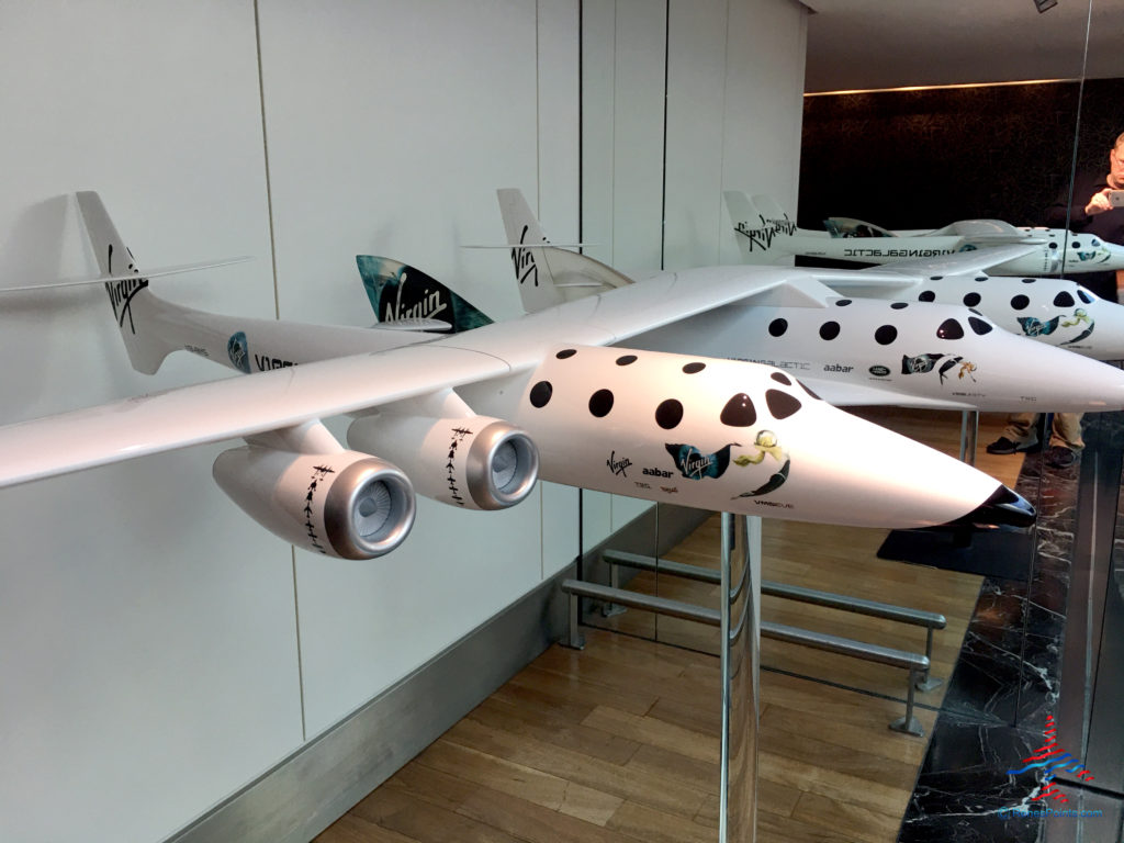 A model of the Virgin Galactic space craft is seen outside the Virgin Atlantic Clubhouse airport lounge entrance at London Heathrow Airport (LHR).