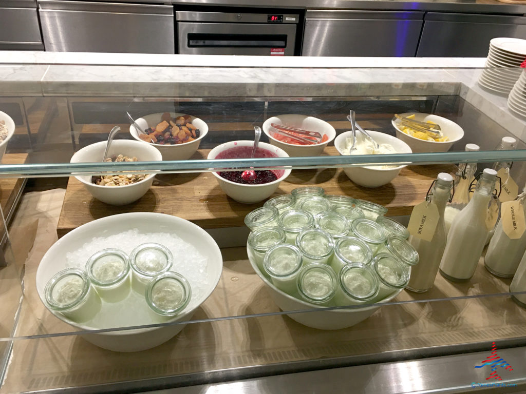 Cottage cheese, yogurt, and toppings seen inside the Virgin Atlantic Clubhouse airport lounge at London Heathrow Airport (LHR).