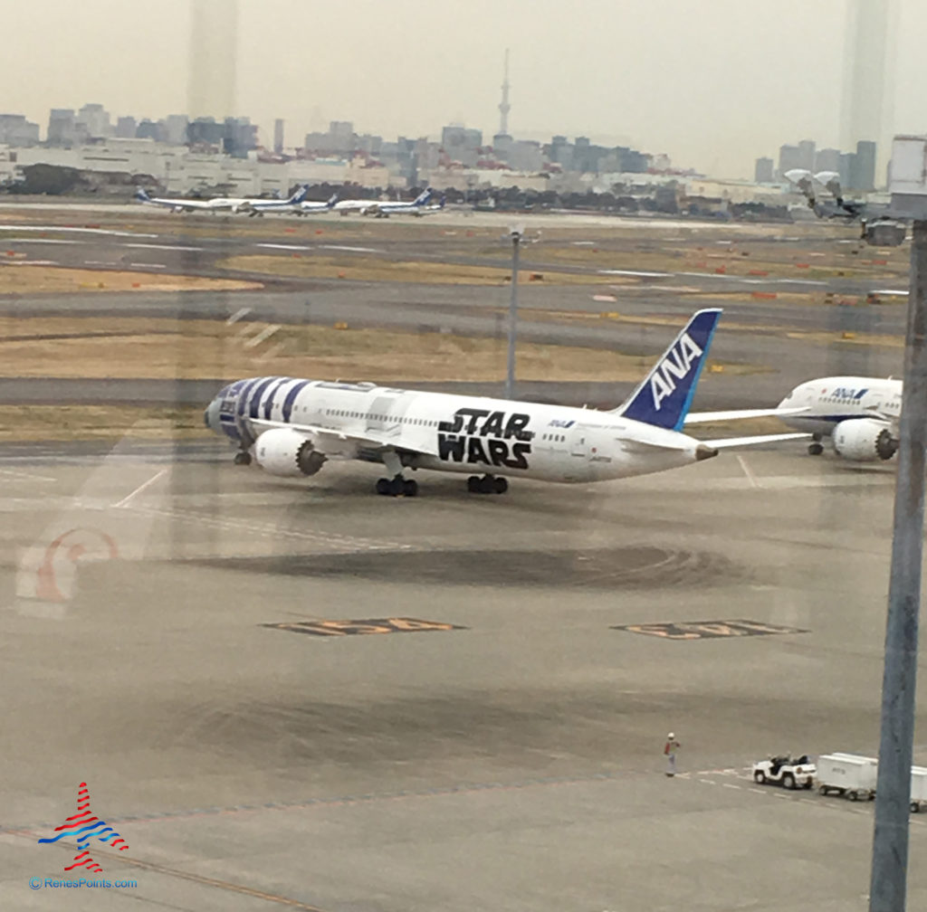 ANA's "Star Wars" 787 plane is seen from the TIAT Lounge Annex location for Delta One passengers at Tokyo Haneda International Airport in Tokyo, Japan.