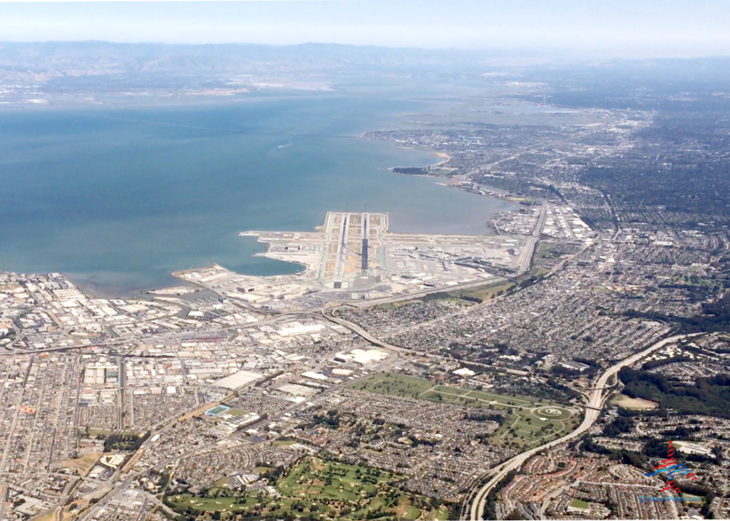 An aerial view of San Francisco International Airport (SFO).