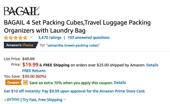 Apply an instant savings coupon for Bagail packing cubes!