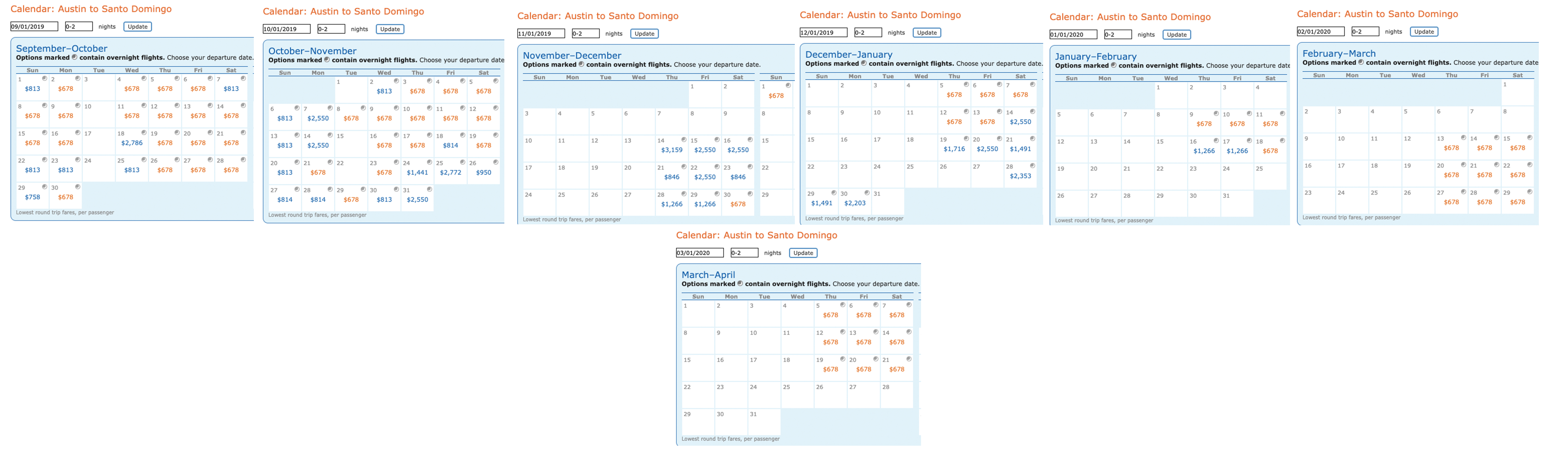 Calendar of Delta MQD run itineraries on Aeromexico from Austin (AUS) to Santo Domingo (SDQ).