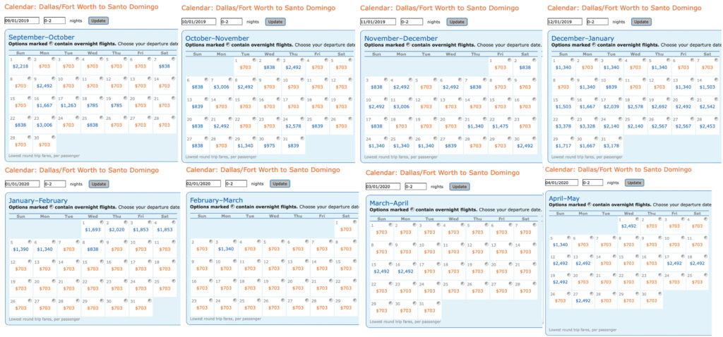 Calendar of Delta MQD run itineraries on Aeromexico from Dallas (DFW) to Santo Domingo (SDQ) Dominican Republic.