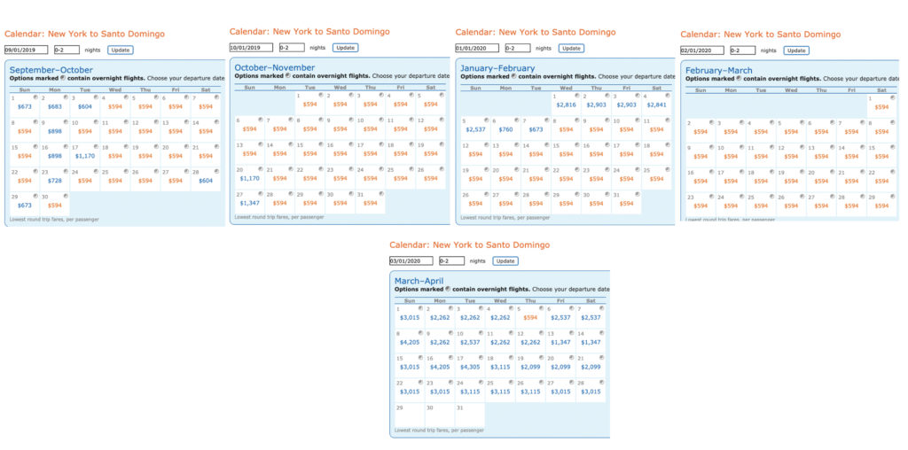Calendar of Delta MQD run itineraries on Aeromexico from New York JFK to Santo Domingo (SDQ).