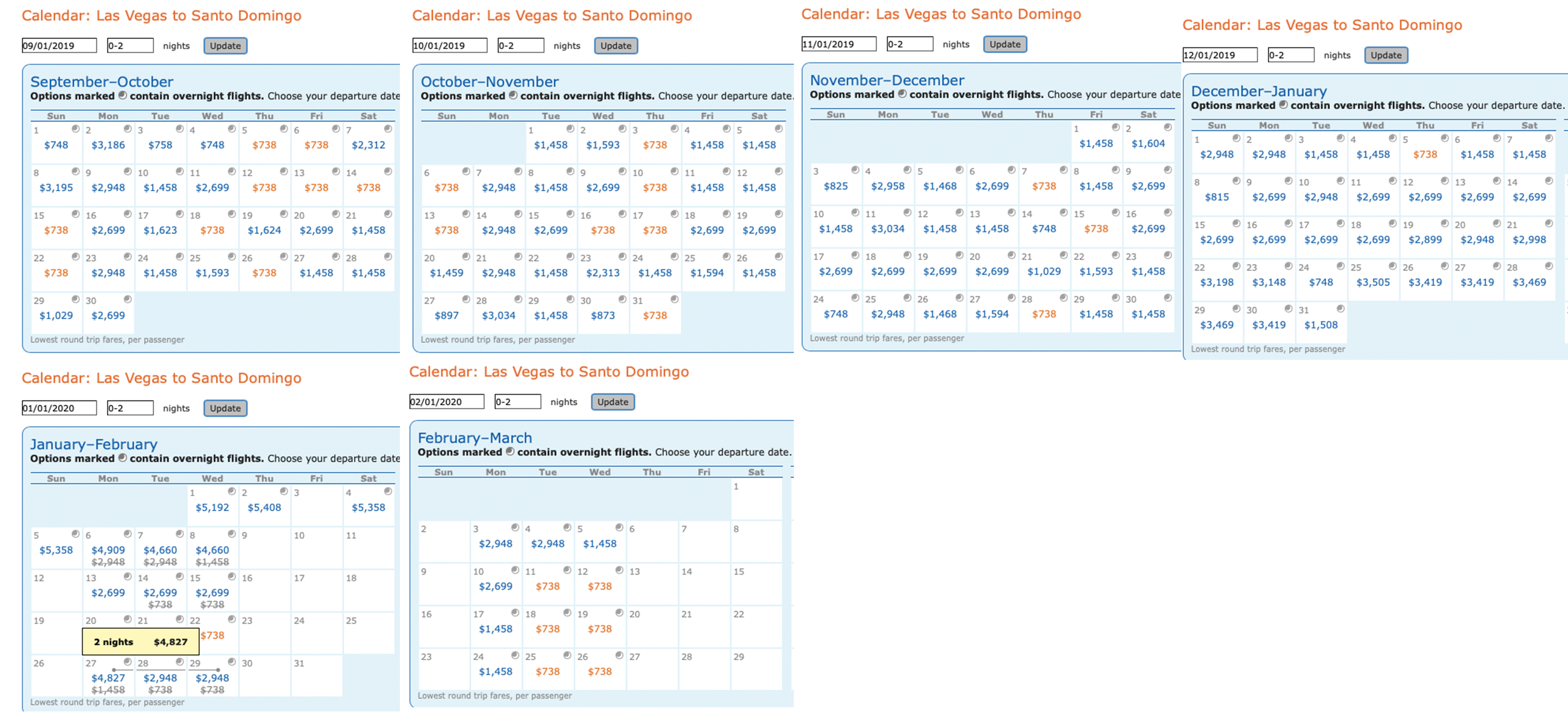 Calendar of Delta MQD run itineraries on Aeromexico from Las Vegas (LAS) to Santo Domingo (SDQ) Dominican Republic.