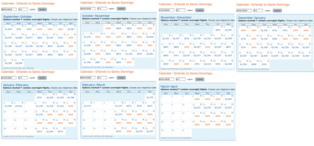 Calendar of Delta MQD run itineraries on Aeromexico from Orlando (MCO) to Santo Domingo (SDQ) Dominican Republic.