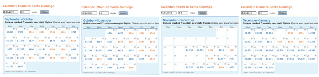 Calendar of Delta MQD run itineraries on Aeromexico from Miami (MIA) to Santo Domingo (SDQ).