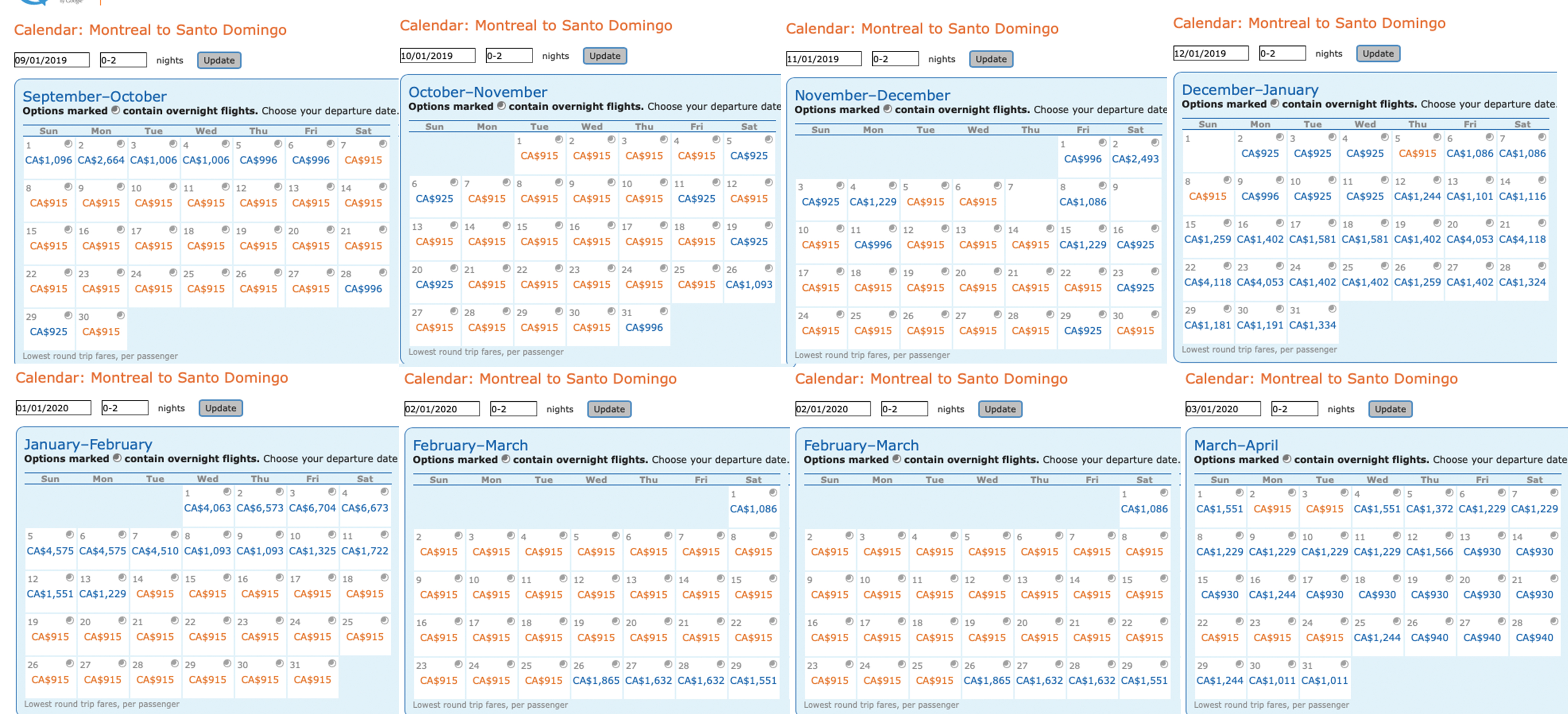 Calendar of Delta MQD run itineraries on Aeromexico from Montreal (YUL) to Santo Domingo (SDQ).