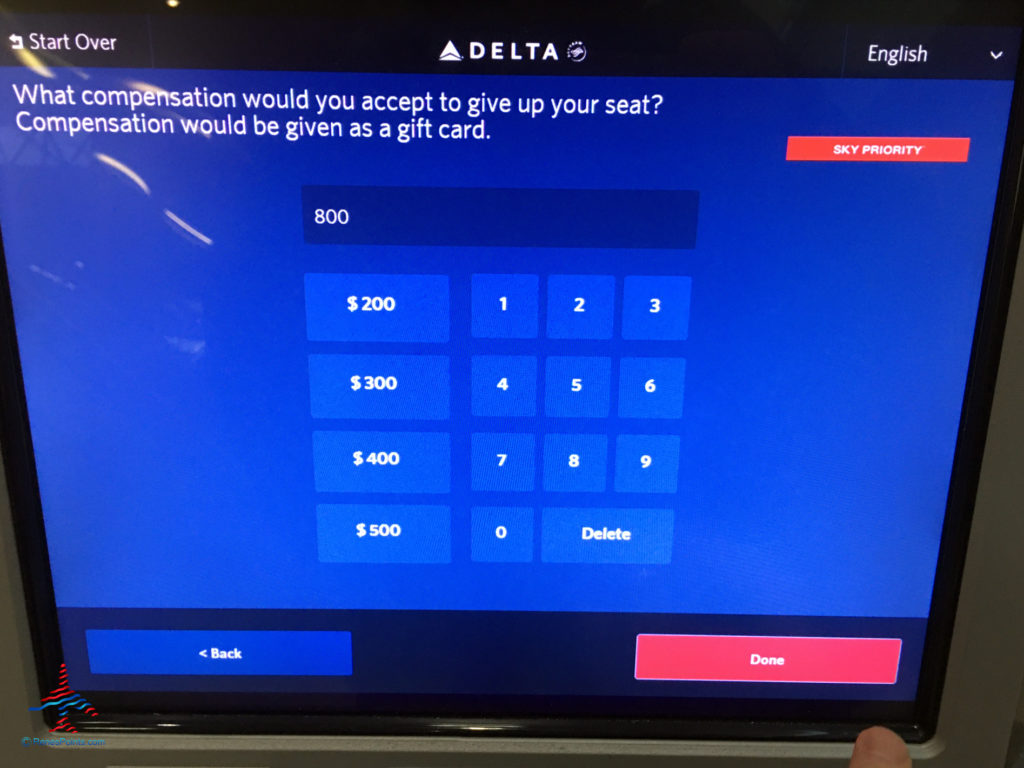 Bid screen for Delta Air Lines voluntarily denied boarding.