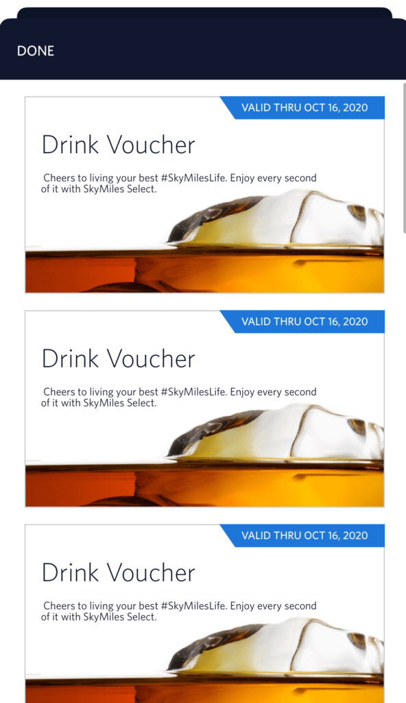Drink tickets from Delta SkyMiles Select are seen inside the My Wallet section of the Fly Delta app.