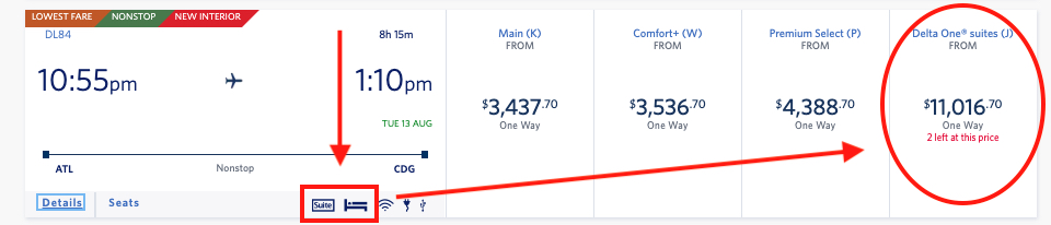 Delta One suite prices from ATL to CDG on Delta Air Lines