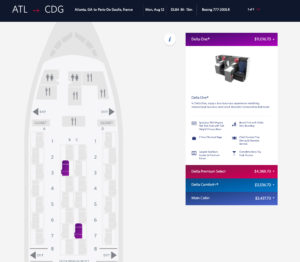 Seat map for a flight on Delta Air Lines. First class outfitted with Delta One Suites, ATL to CDG.