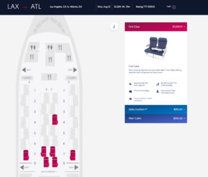 Seat map for a flight on Delta Air Lines. First class outfitted with Delta One Suites, LAX to ATL.