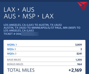 Miles earned on a Delta itinerary paid for with Membership Rewards, including an Amex Business Platinum 35% rebate.