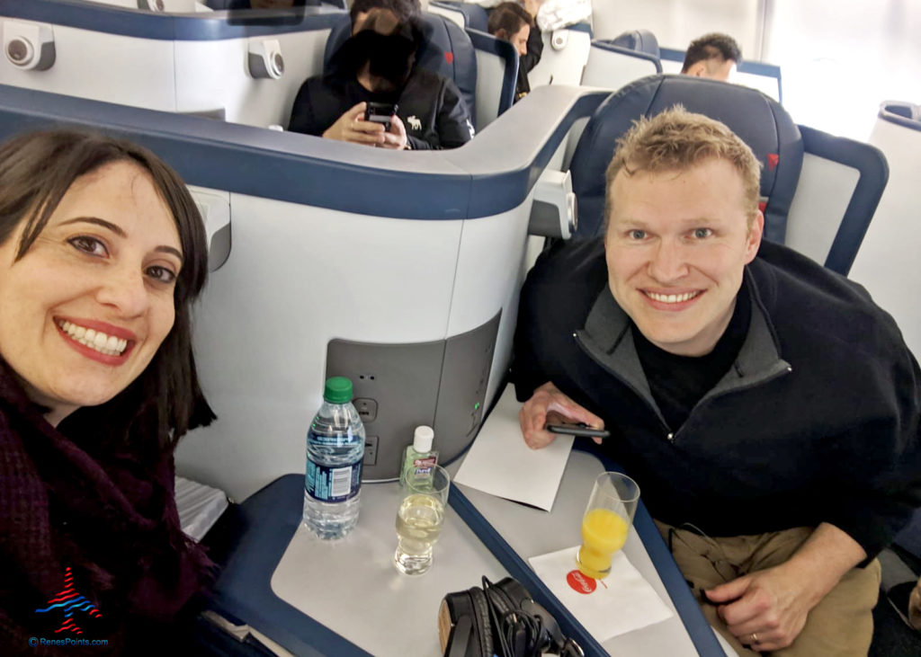 Randee and Chris Carley seated in Delta One from LAX to Tokyo HND on an Airbus 330.