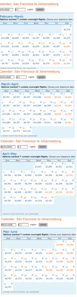 Dates for Virgin Atlantic mileage run in Premium Economy: SFO to JNB via LHR.