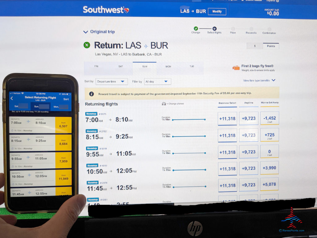 Fare differences between the Southwest Airlines app and Southwest Airlines website.