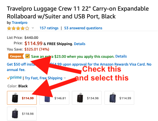 Save 80% on the Travelpro Luggage Crew 11 22" Carry-on Expandable Rollaboard w/Suiter and USB Port, Black 