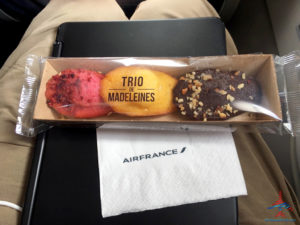 Trio de Madeleines are served during an Air France flight from Paris to London.
