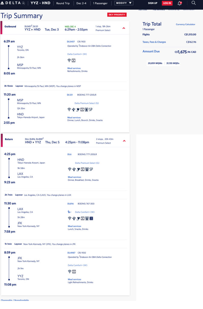 Toronto (YYZ) to Tokyo Haneda (HND) Delta Air Lines Mileage Run in Premium Select during December 2019.