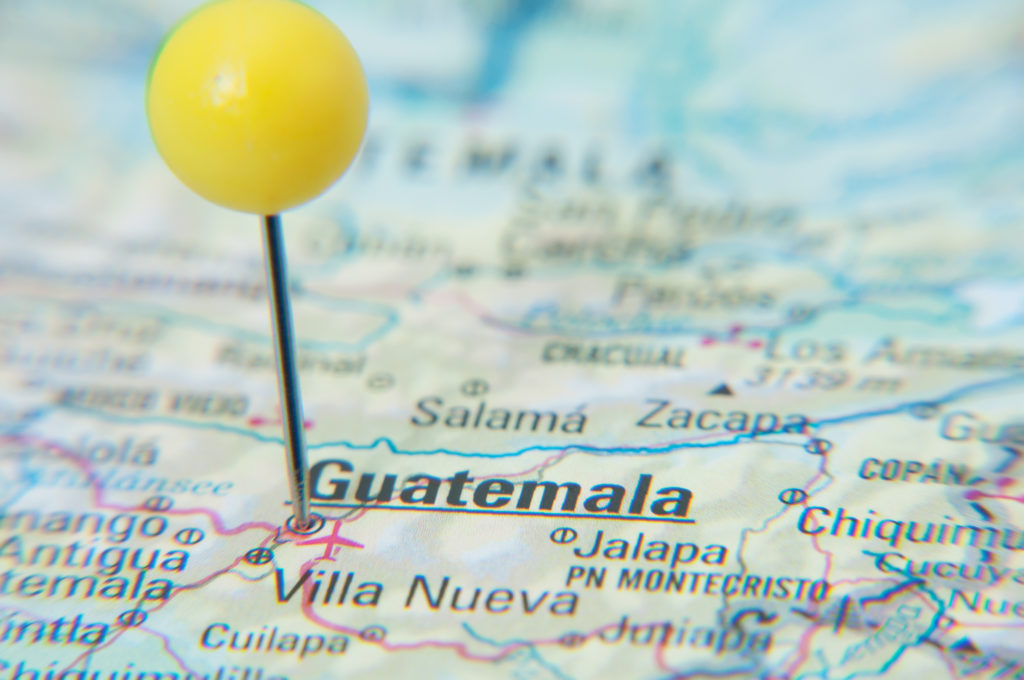 Close Up of Pin on the map, Guatemala, Central America.