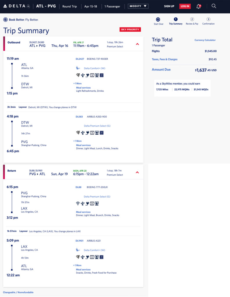 Atlanta to Shanghai Delta Premium Select mileage run / mini-vacation.