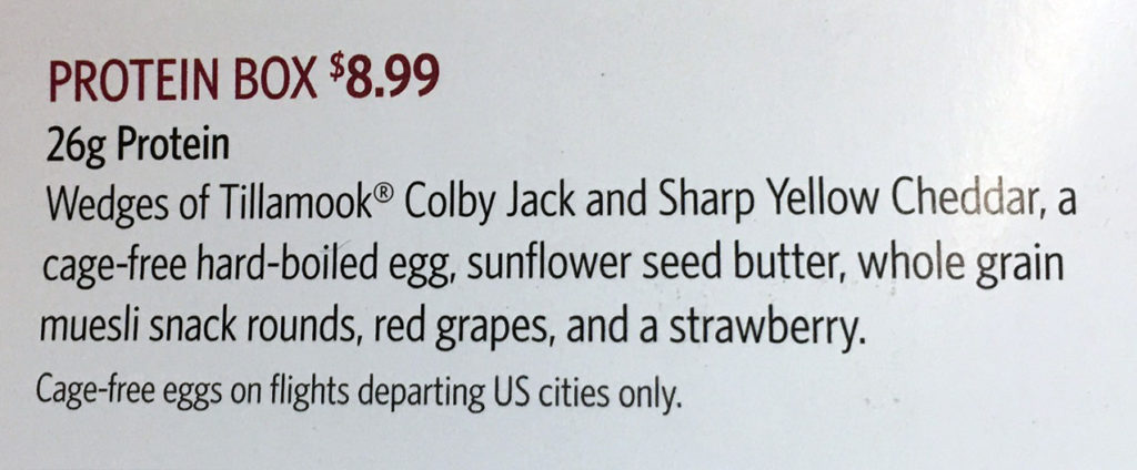 Delta Air Lines Flight Fuel Protein Box premium snack description on a menu.