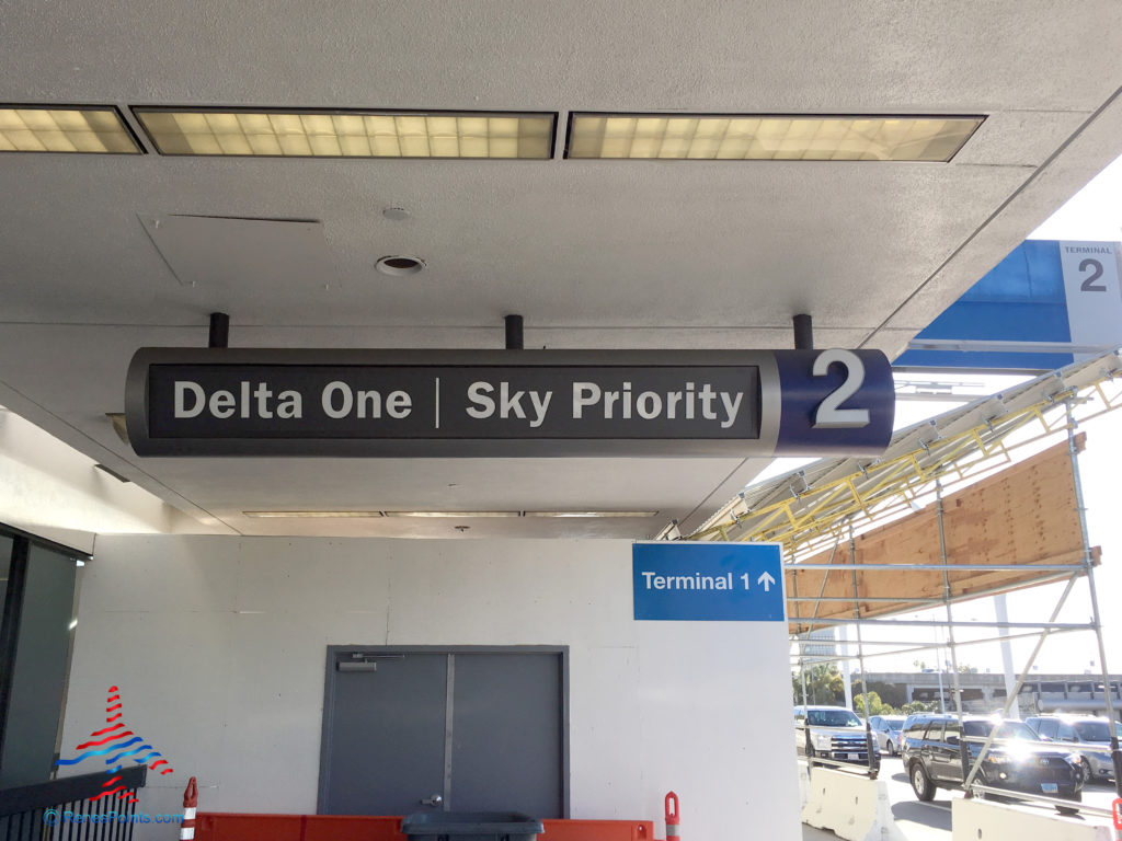 The sign indicating the entrance for Delta One and Sky Priority passengers at LAX Terminal 2.