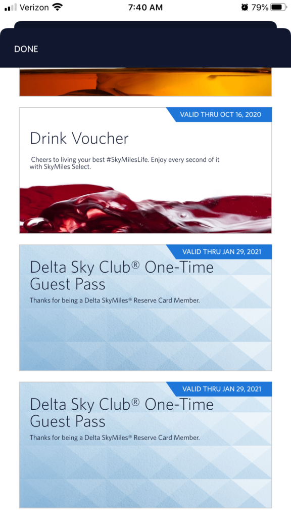 Delta Sky Club guest passes for Delta Reserve cardholders, as seen in the Fly Delta app.