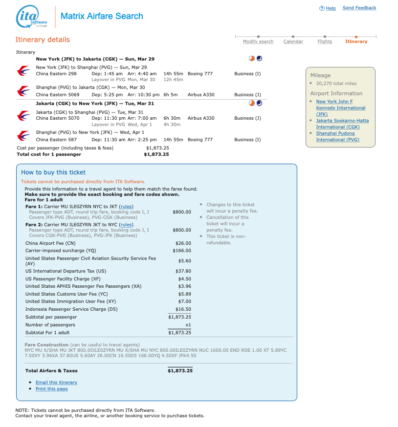 JFK to Jakarta mini-vacation run in March 2020 (click to enlarge).