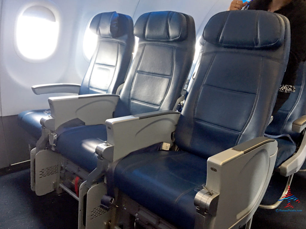 Row 26 -- an exit row -- on a Delta Air Lines Airbus A321 aircraft. Seats 26D, and 26E, 26F are seen.